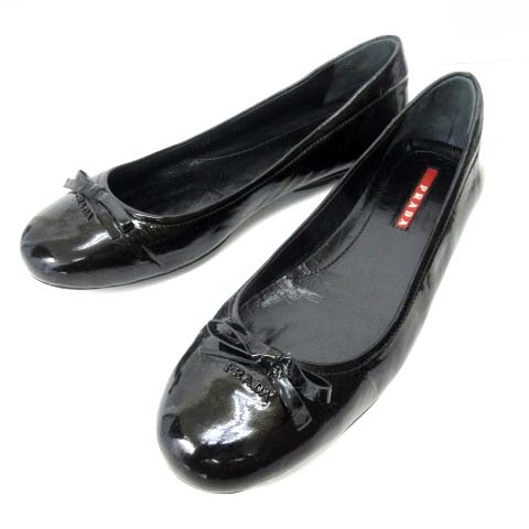 プラダ PRADA バレエパンプス フラットシューズ リボン ロゴ パテント 