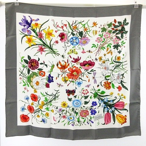 未使用品 グッチ GUCCI タグ付き シルクスカーフ フローラ 花柄 昆虫 