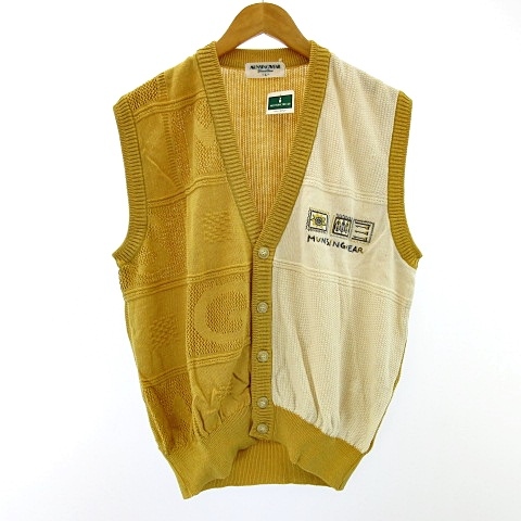未使用品 マンシングウェア Munsingwear Grandslam タグ付き リネン ニットベスト ロゴ刺繍 ワンポイント イエロー 黄色 ホワイト 白 L メンズ 122 ベクトルパーク