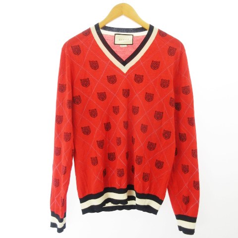 グッチ Gucci ニット セーター タイガー トラ Vネック 長袖 M 赤 レッド 紺 ネイビー 白 ホワイト 4743 X1464 メンズ 122 ベクトルパーク