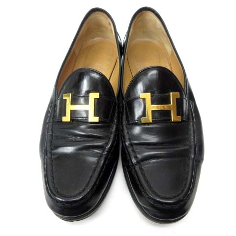 HERMES ブラックローファー ゴールド金具 37 1/2