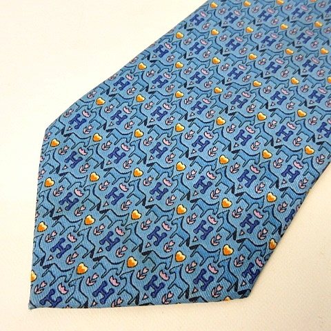 エルメス HERMES H柄 花柄 シルクネクタイ ワイドタイ ブルー 青 IBO21