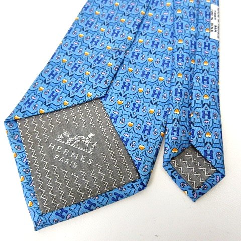 エルメス HERMES H柄 花柄 シルクネクタイ ワイドタイ ブルー 青 IBO21