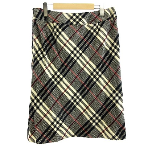 バーバリー ロンドン BURBERRY LONDON 美品 ノバチェック スカート ウール ひざ丈 フリンジ ブラック ホワイト レッド 46 約XL 大きいサイズ IBO21 レディース