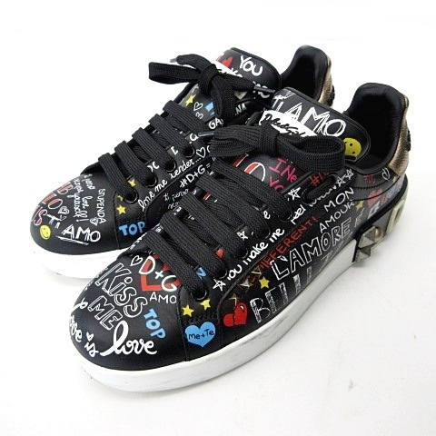 ドルチェ ガッバーナ ドルガバ Dolce Gabbana ポルトフィーノ プリント スタッズ スニーカー レザー ロゴ ブラック 黒 36 1 2 約23 5cm レディース 122 ベクトルパーク