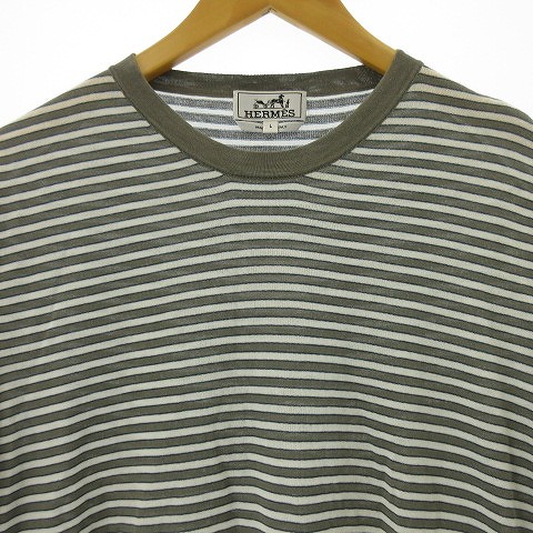 エルメス HERMES 細幅 ボーダー ストライプ柄 コットン ニット Tシャツ 