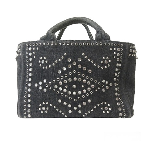 プラダ PRADA カナパ デニム トートバッグ ハンドバッグ ビジュー装飾  