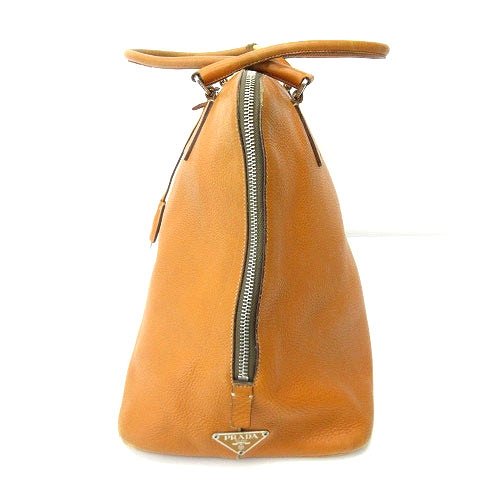 【美品】PRADA ニット ハンドバッグ 三角プレートロゴ レザー オレンジ 美品】PRADA ニット ハンドバッグ 三角プレートロゴ レザー オレンジ