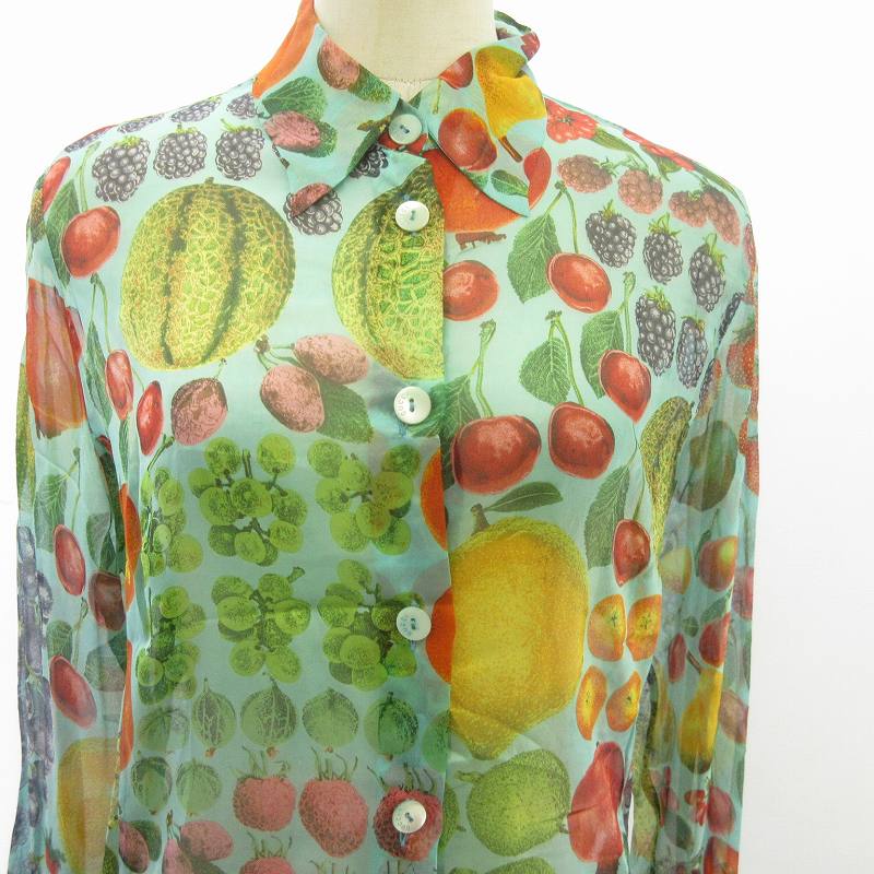 グッチ GUCCI 美品 シルク シャツ ブラウス 総柄 フルーツ柄 青系  