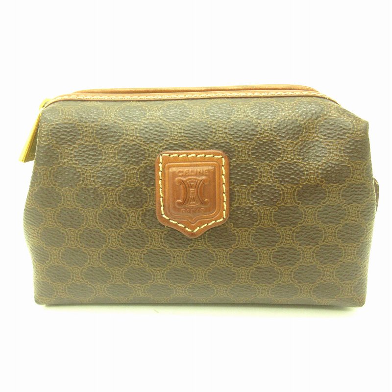セリーヌ CELINE 美品 マカダム柄 PVC ポーチ バッグ ゴールド金具 茶  