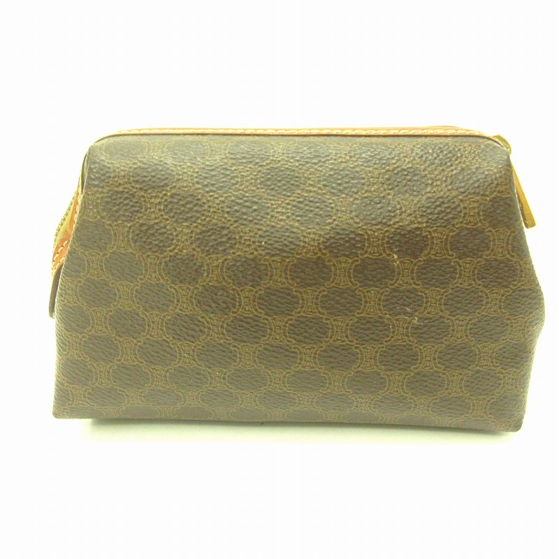 セリーヌ CELINE 美品 マカダム柄 PVC ポーチ バッグ ゴールド金具 茶 