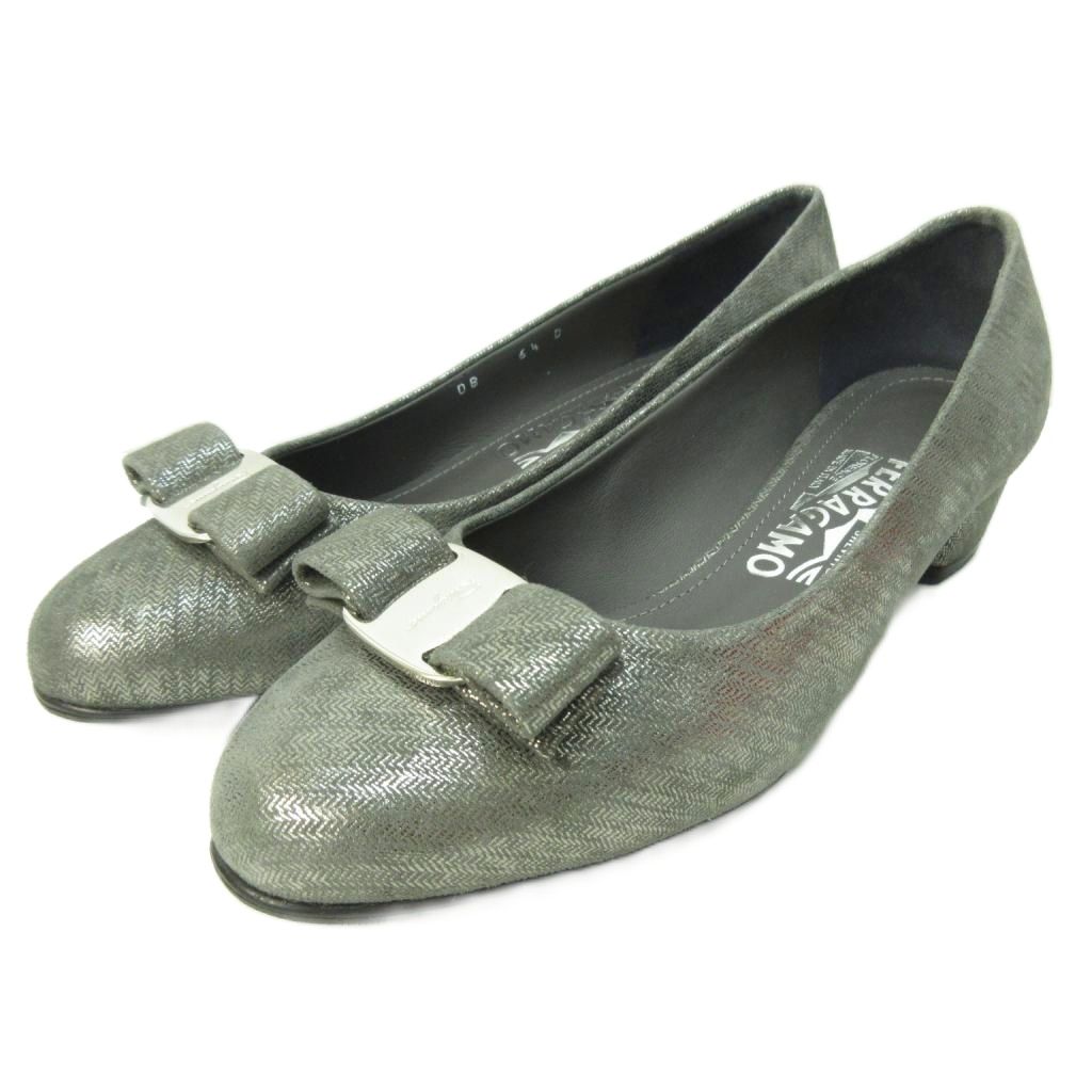 Salvatore Ferragamoリボン付きグレーのパンプス 未使用品 サルヴァトーレフェラガモ Salvatore Ferragamo 新品同様