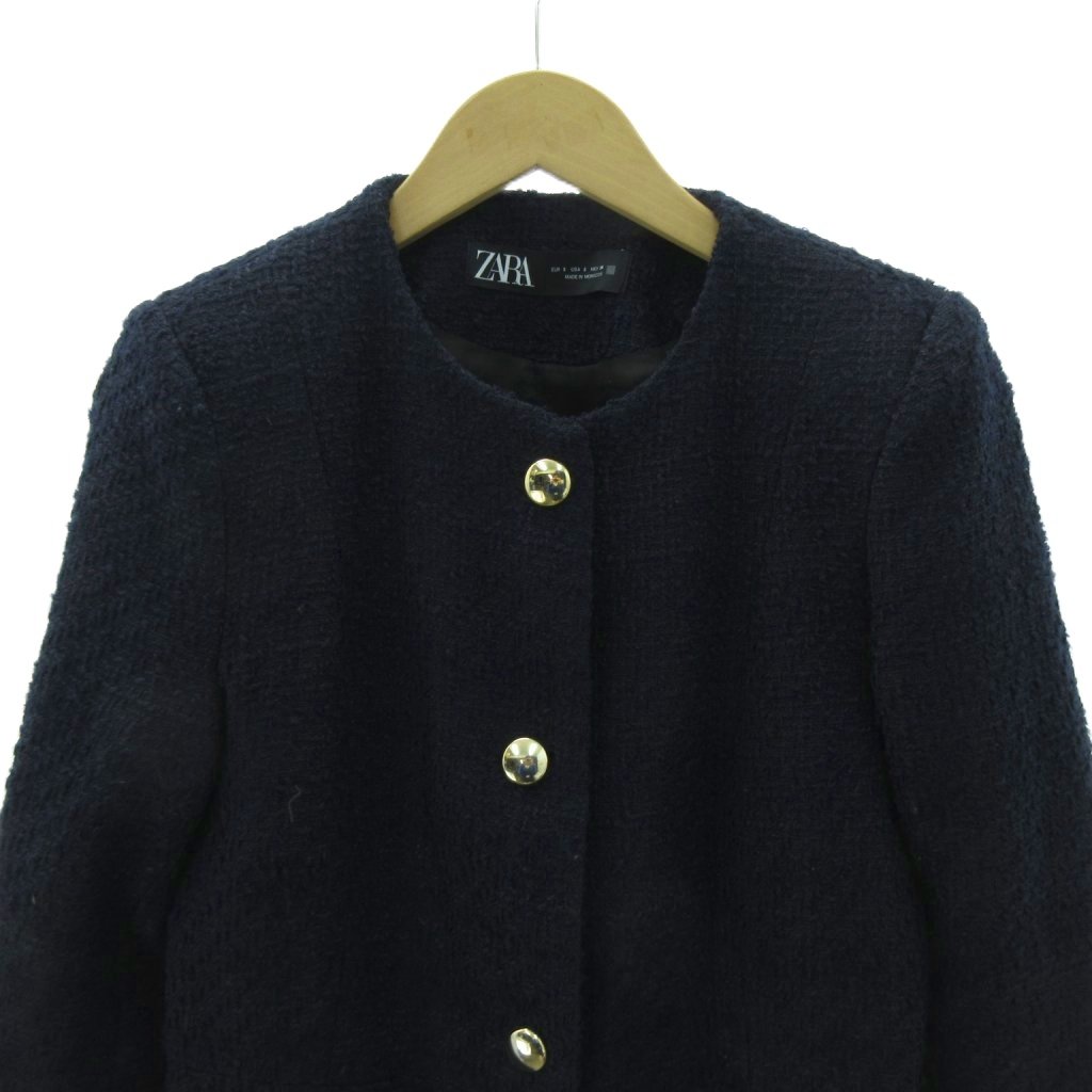 【新品】ZARA ツイードジャケット　スタンドカラー　金ボタン　定価15990円 新品 ZARA ザラ ツイード ダブルジャケット 金ボタン ブラック XL