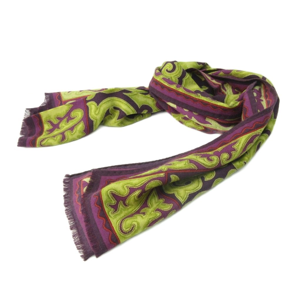 ETRO シルクウールスカーフ 紫 未使用品 エトロ ETRO スカーフ ストール 総柄 ウール シルク混 紫 黄