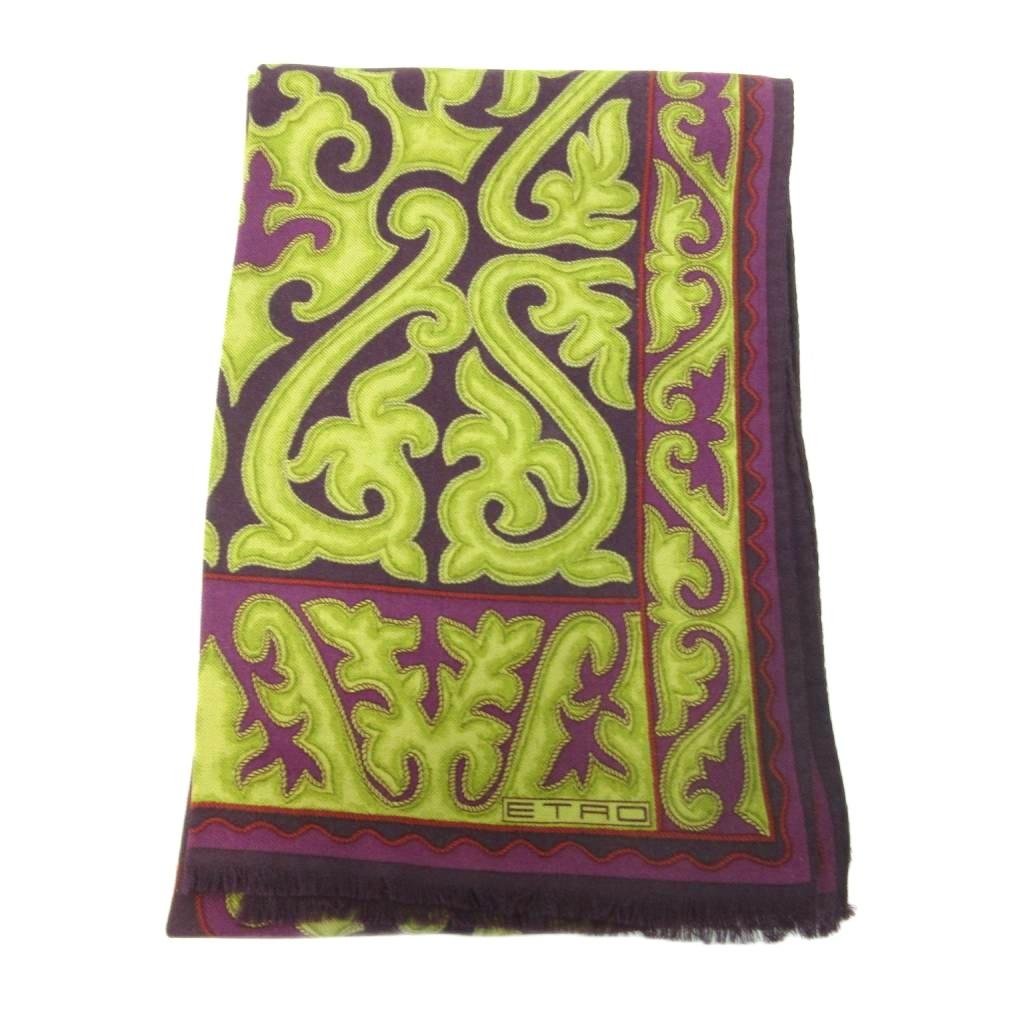 未使用品 エトロ ETRO スカーフ ストール 総柄 ウール シルク混 紫 黄
