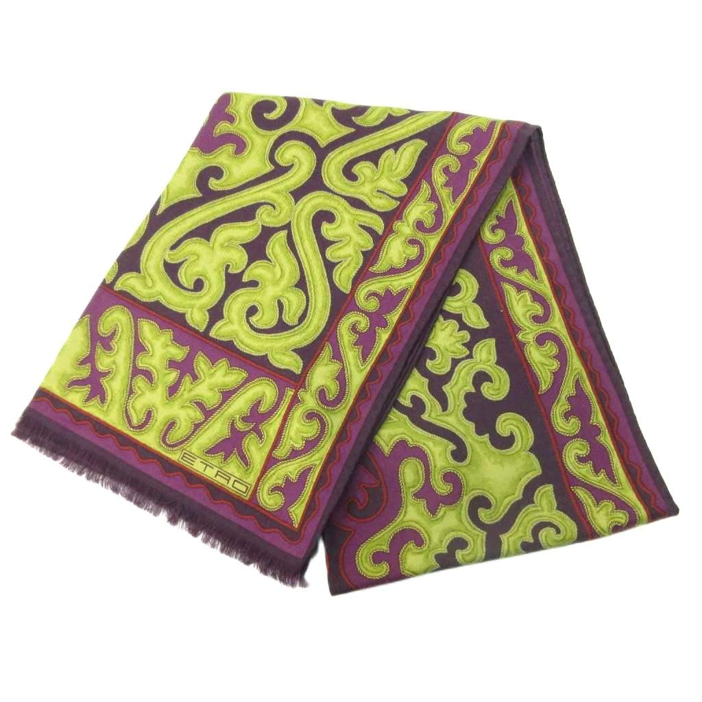 未使用品 エトロ ETRO スカーフ ストール 総柄 ウール シルク混 紫 黄