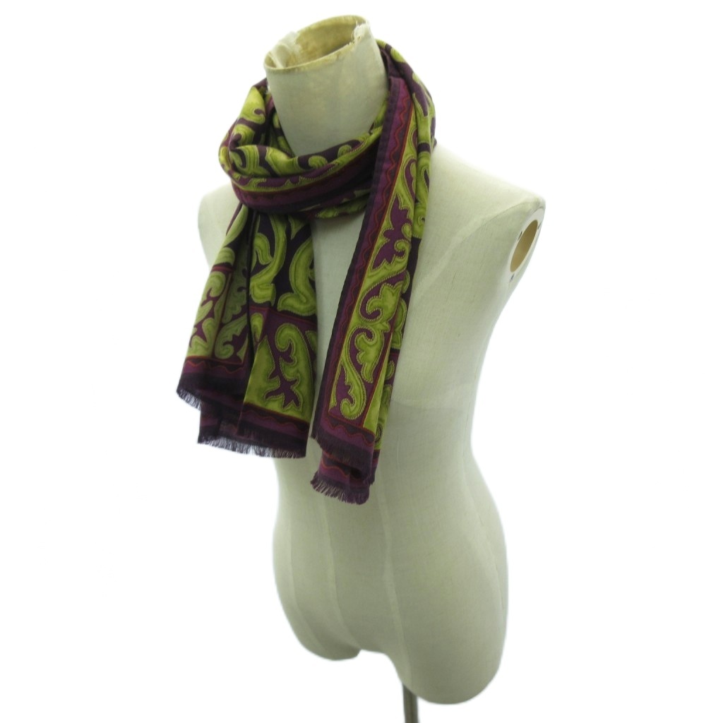 未使用品 エトロ ETRO スカーフ ストール 総柄 ウール シルク混 紫 黄