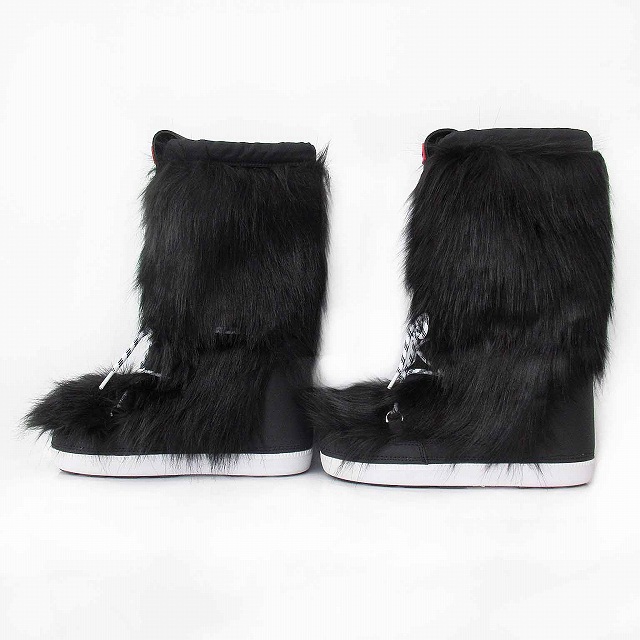 HUNTER ブラックラバーブーツ ファー付き ハンター HUNTER ブーツ フェイクファー フロントジッパー レース