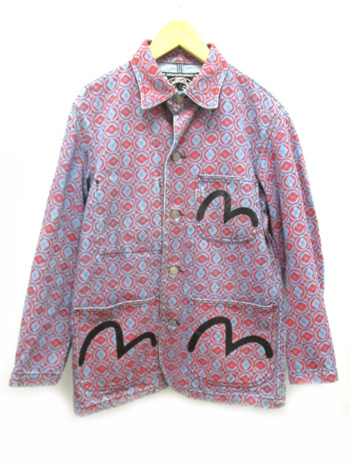 エヴィス EVISU ジャケット カバーオール デニム 総柄 ロゴ 34 紺 