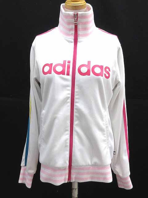 アディダス Adidas パーカー ジップアップ 長袖 ジャージ ロゴ スポーツウェア ピンク 白 M レディース 126 ベクトルパーク