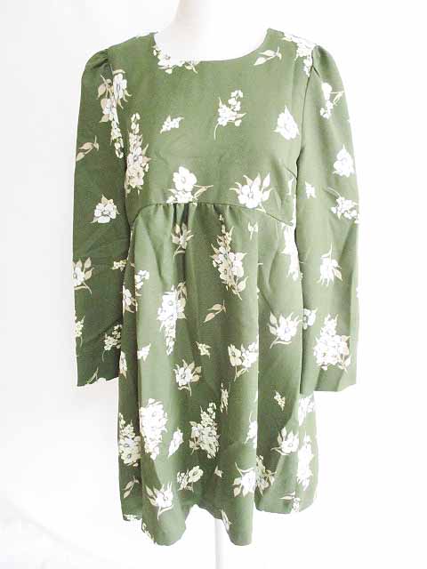 アースミュージック エコロジー Earth Music Ecology ワンピース チュニック 長袖 膝丈 クルーネック 花柄 カーキ 緑 M レディース 126 ベクトルパーク
