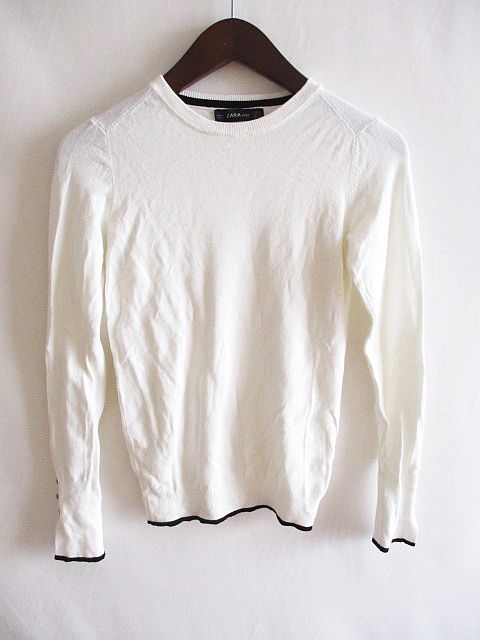 ザラ ZARA 長袖 薄手 ニット カットソー 袖ボタン 白 S レディース 126 