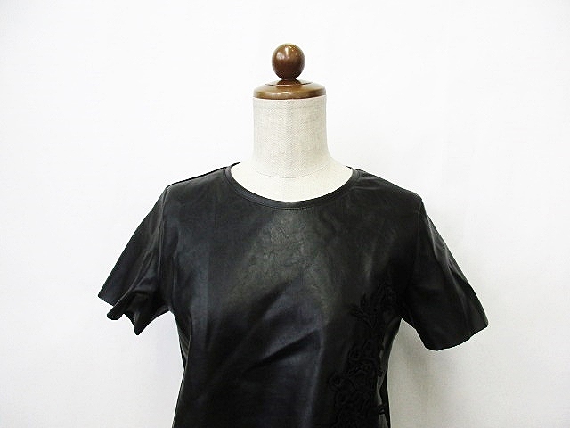ザラ ZARA Tシャツ 半袖 丸首 レザー 刺繍 黒 ブラック S