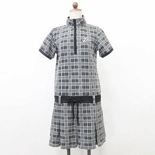 フィラ Fila スポーツ ウエア ゴルフ ワンピース ミニ丈 半袖 スタンドカラー ハーフジップ チェック プリント 刺繍 リブ ドロストリング 紐 プリーツ グレー 黒 L レディース 135 ベクトルパーク