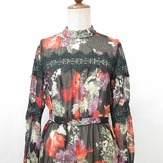 フレイアイディー Fray I D ワンピース スタンドカラー ロング丈 長袖 プリント総柄 花柄 レース ティヤードスカート ラメ ストライプ 緑 オレンジ ピンク 0 レディース 135 ベクトルパーク