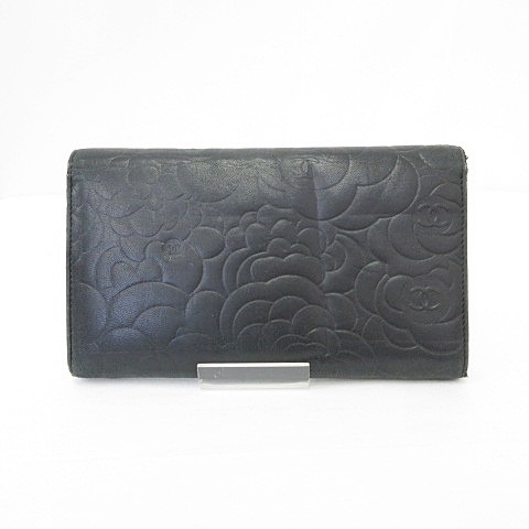 シャネル CHANEL 財布 長財布 三つ折り カメリア レザー ラムスキン