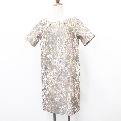 自由区 オンワード樫山 ワンピース チュニック 半袖 丸首 ひざ丈 タック プリント 総柄 茶 カーキ 紺 ブラウン ネイビー 40 レディース 135 202003070808 ベクトルパーク