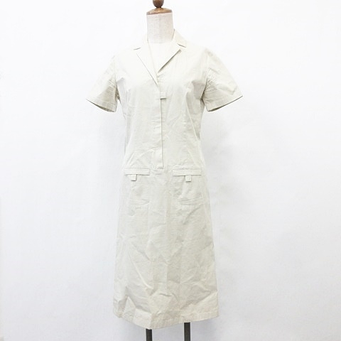 ポールカ Paule Ka ワンピース ひざ丈 開襟シャツ 半袖 比翼 ジップアップ ポケット タブ ベンツ 綿 ストレッチ ベージュ 38 レディース 135 ベクトルパーク