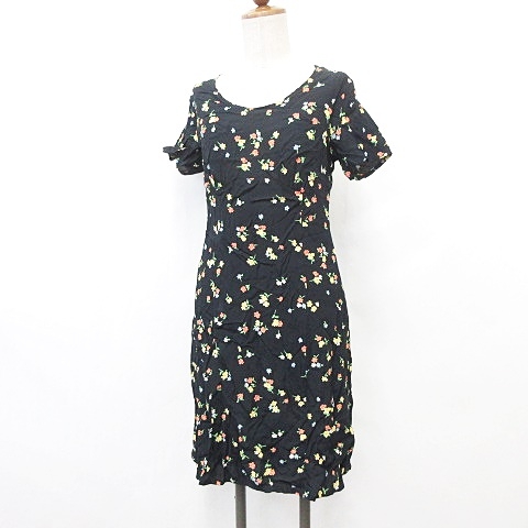ローラアシュレイ Laura Ashley ワンピース 半袖 丸首 ひざ丈 フレア キャミソール付 花柄 黒 ブラック 9 レディース 135 ベクトルパーク