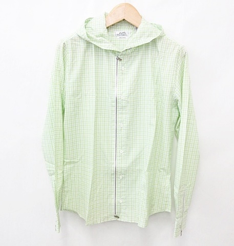 エルメス Hermes シャツ ジャンパー ブルゾン パーカ フード 長袖 チェック ジップアップ 綿 黄緑 グリーン 白 S メンズ 135 ベクトルパーク