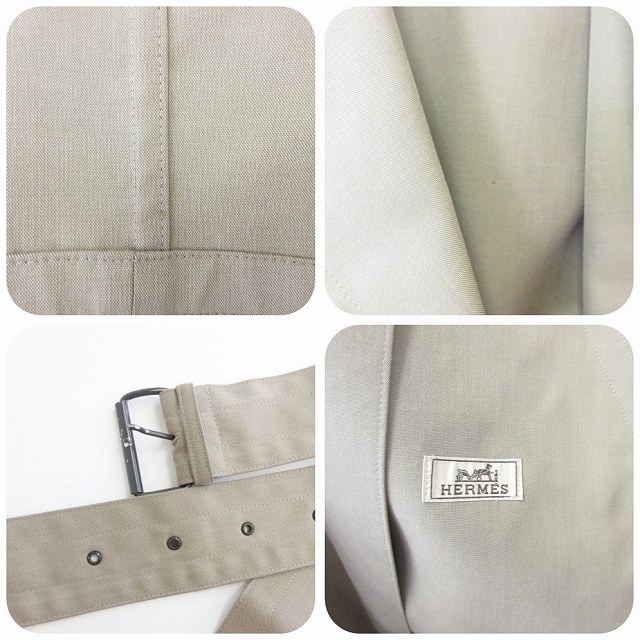 美品　HERMES エルメス　トレンチ　コート　ベルト付　コットン　ベージュ エルメス HERMES コート トレンチコート ダブル ベルト 裏なし