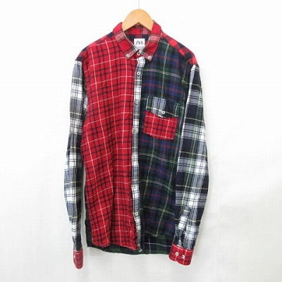 ザラ Zara シャツ 釦ダウンシャツ ネルシャツ 長袖 チェック パッチワーク マルチカラー ポケット カフス 綿 緑 赤 白 紺 S メンズ 135 ベクトルパーク