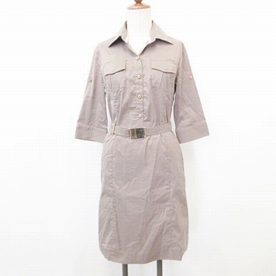 ルスーク Le Souk ワンピース シャツワンピ ひざ丈 七分袖 ロールアップ ベルト 綿 カーキ 38 レディース 135 ベクトルパーク