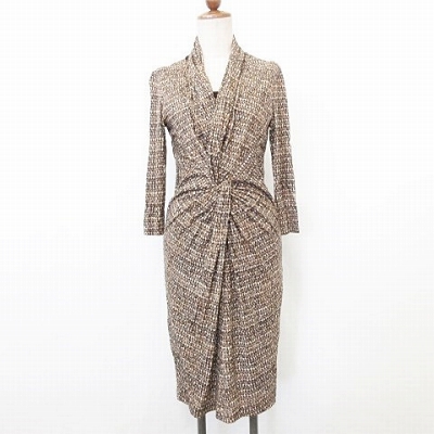 モガ Moga ワンピース ひざ丈 七分袖 ドレープカラー ねじり タイト 総プリント 花幾何柄 スムース 毛混 茶 べージュ レディース 135 ベクトルパーク