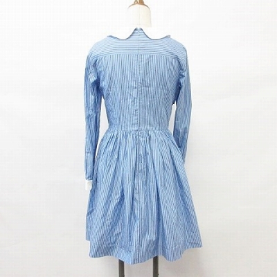 ミルク Milk ワンピース ひざ丈 長袖 フラットカラー クレリック ストライプ 無地 フリル カフス ギャザースカート 綿 ブルー 白 レディース 135 ベクトルパーク
