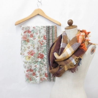 Je Crois Soi ジュクロイスソワ 小物 スヌード ストール マフラー ショール 2枚セット チェック柄 花柄 フリンジ 茶 カラシ 紺 オレンジ 白 赤 グリーン レディース 135 ベクトルパーク