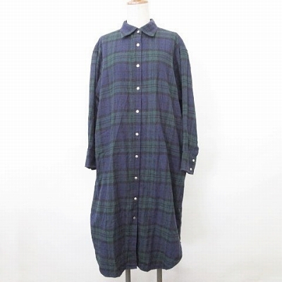 ジーナシス Jeanasis ワンピース シャツワンピ チュニック 長袖 シャツカラー ドロップショルダー スナップボタン チェック柄 綿 紺 緑 ネイビー グリーン F レディース 135 ベクトルパーク