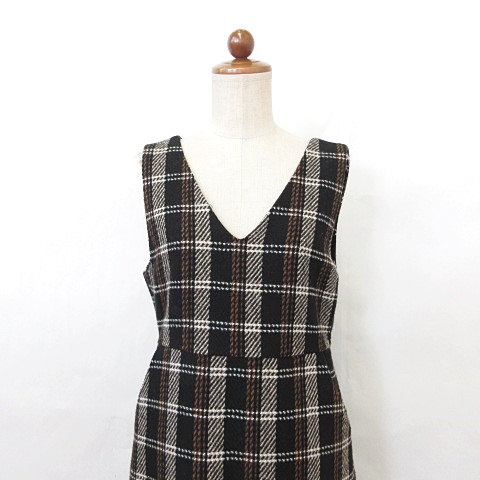 ナイスクラップ Nice Claup ワンピース ジャンパースカート ノースリーブ ひざ丈 Vネック フレア チェック柄 フリル ウール 黒 茶 ベージュ ブラック ブラウン F レディース 135 ベクトルパーク