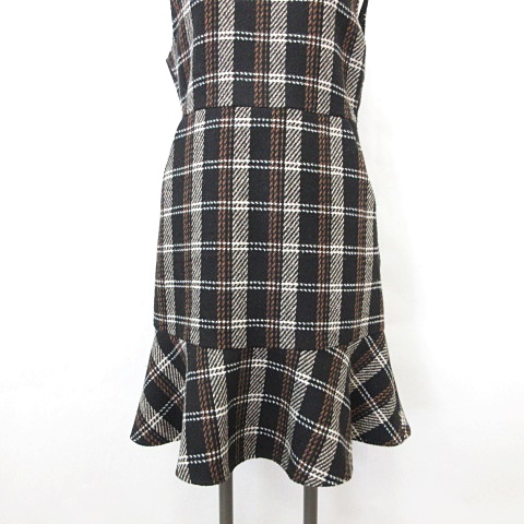 ナイスクラップ Nice Claup ワンピース ジャンパースカート ノースリーブ ひざ丈 Vネック フレア チェック柄 フリル ウール 黒 茶 ベージュ ブラック ブラウン F レディース 135 ベクトルパーク