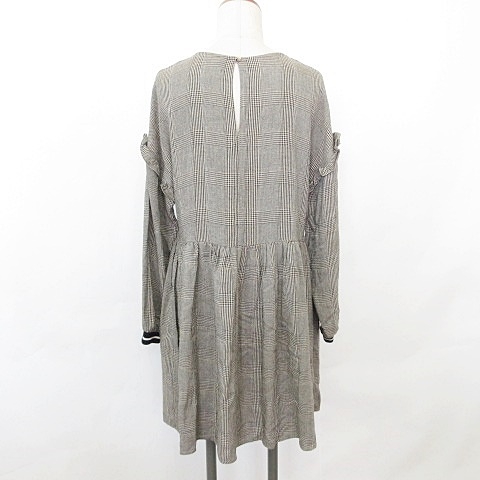 ザラ ベーシック Zara Basic ワンピース ミニ丈 長袖 ノーカラー チェック フリル 綿 茶 黒 白 M レディース 135 ベクトルパーク