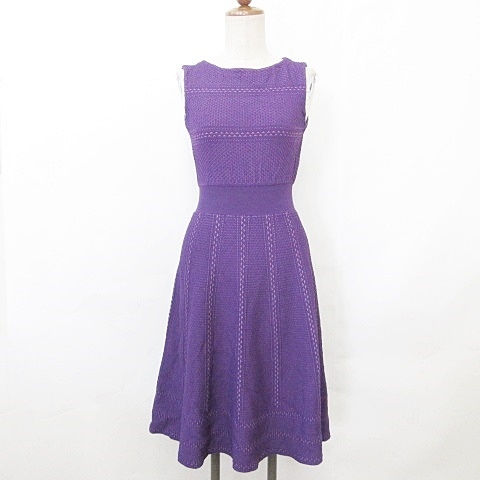 ストロベリーフィールズ Strawberry Fields ニット ワンピース ひざ丈 フレアー ノースリーブ ボートネック ジャガード ボーダー リブ 紫 2 レディース 135 ベクトルパーク