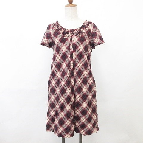 ホコモモラデシビラ Jocomomola De Sybilla ワンピース チュニック 半袖 丸首 ひざ丈 ファスナー フレア チェック柄 綿 ウール 紫 ベージュ 黒 ブラック パープル 40 レディース 135 ベクトルパーク