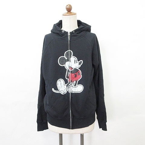 ディズニー Disney パーカー ジップアップ フード プリント キャラクター ボア ストレッチ 綿 黒 ブラック S レディース 135 ベクトルパーク