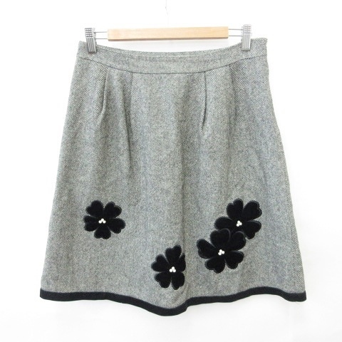 ギャラリービスコンティ Gallery Visconti スカート フレアー ひざ丈 タック 刺繍 アップリケ 花 パールビーズ ツイード 別珍テープ 毛混 黒 白 3 レディース 135 ベクトルパーク