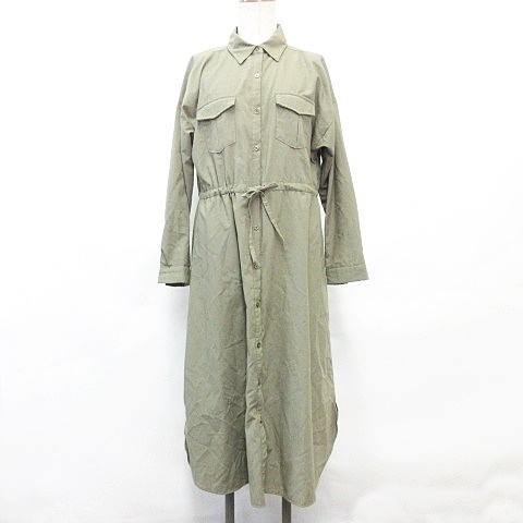 イング Ingni ワンピース シャツワンピ ひざ丈 七分袖 シャツカラー 無地 オリーブ カーキ M レディース 135 ベクトルパーク