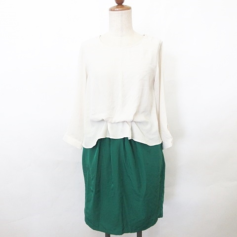 ケイビーエフ Kbf アーバンリサーチ ワンピース ひざ丈 ドッキング 七分袖 ギャザー 丸首 無地 白 緑 グリーン F レディース 135 ベクトルパーク